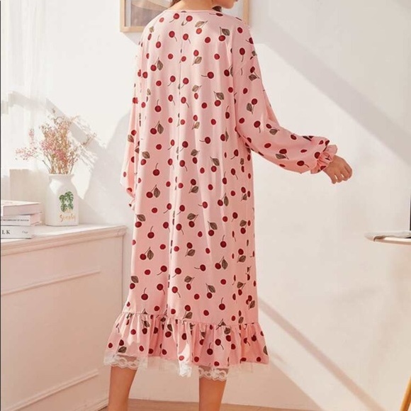 New Pink Cherry Ruffle Long Sleeve Nightgown​ - Picture 2 of 5
